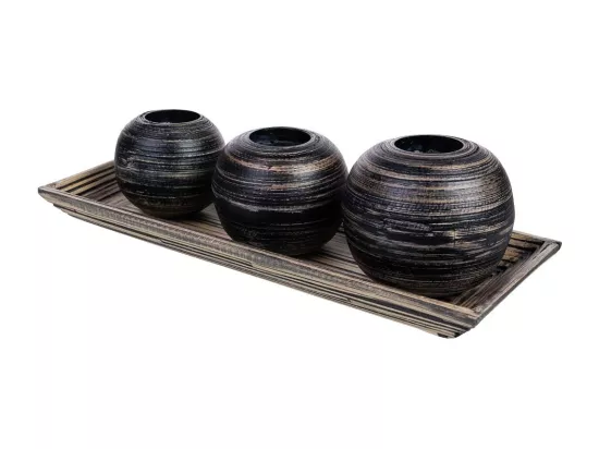 Ensemble plateau et 3 bougeoirs en bois de bambou noir 33x13x3h cm