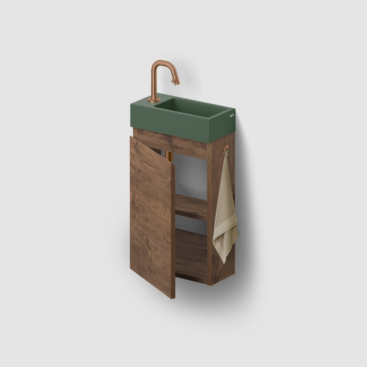 Clou Flush 3 toiletmeubel 36cm donker eiken rechtsdraaiend met keramische fontein groen mat en kraangat