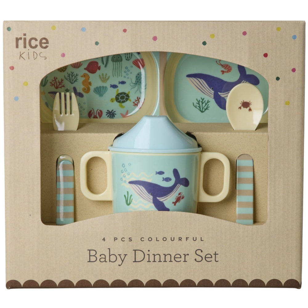 Køb Rice Melamin Baby Dinner Sæt In Gift Box - Blue Ocean Print - 4 Pcs