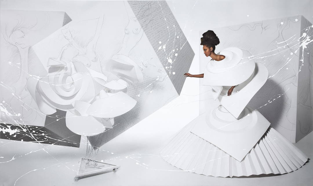 Black Girl in Origami dress with rooster by Efren Isaza - Limited Edition. Edition of: 100. Signed.