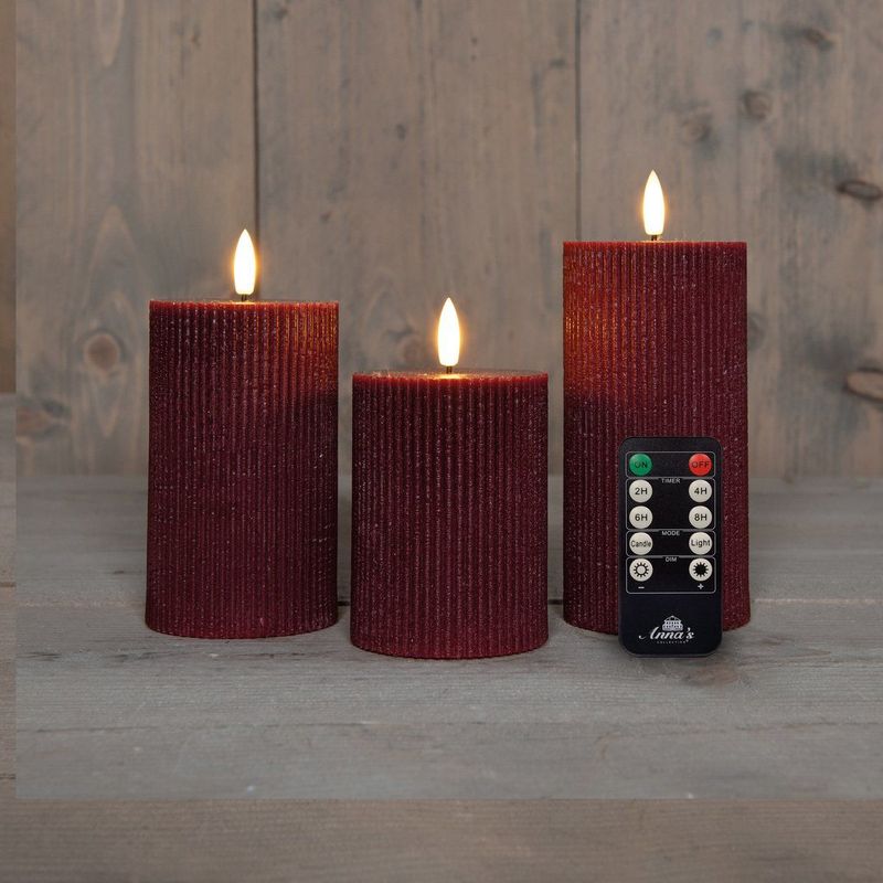Anna Collection LED stompkaarsen - 3x - bordeaux rood - ribbel