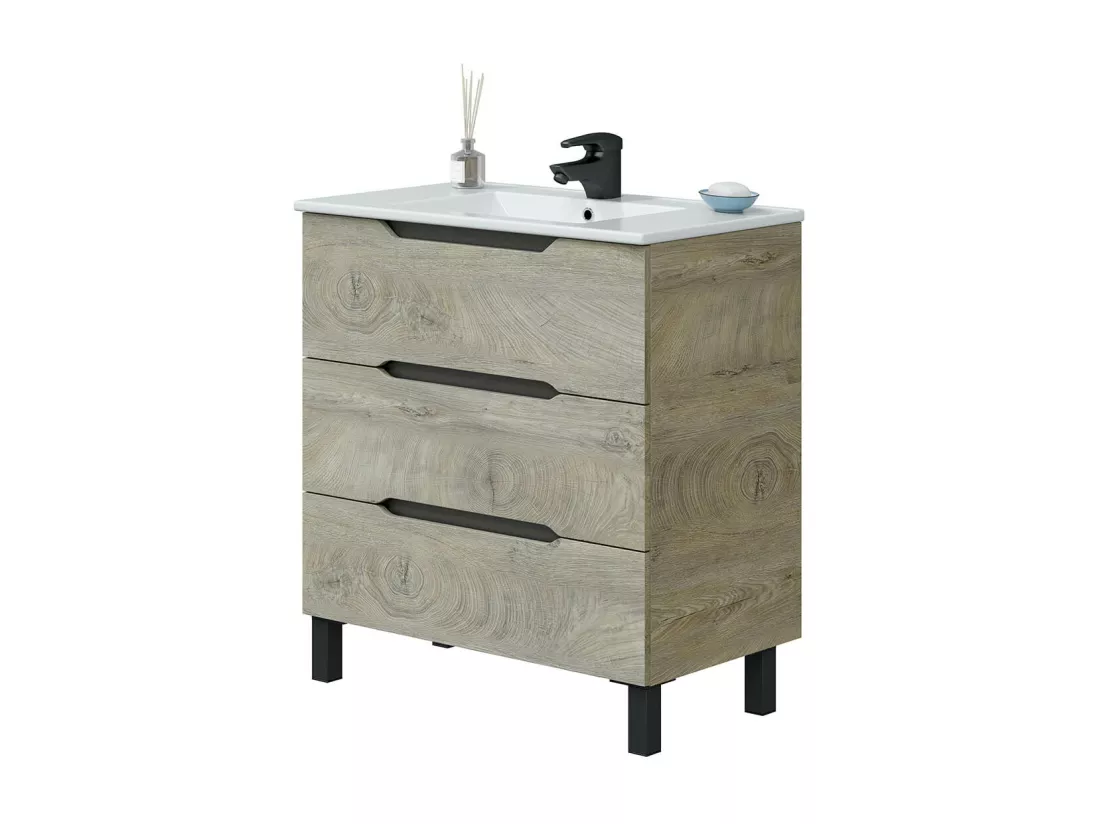 Meuble de salle de bain 80cm avec 3 tiroirs sans poignée coloris chêne à nœuds - Longueur 80 x Profondeur 45 x Hauteur 86 cm