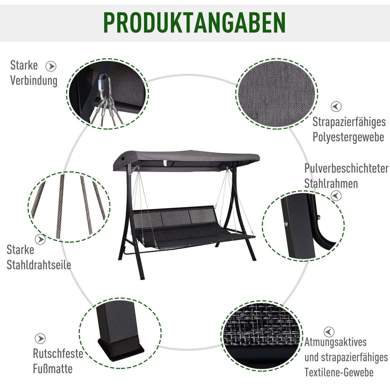 Outsunny Hollywoodschaukel als 3-Sitzer grau/schwarz 200 x 115 x 168 cm (BxTxH)