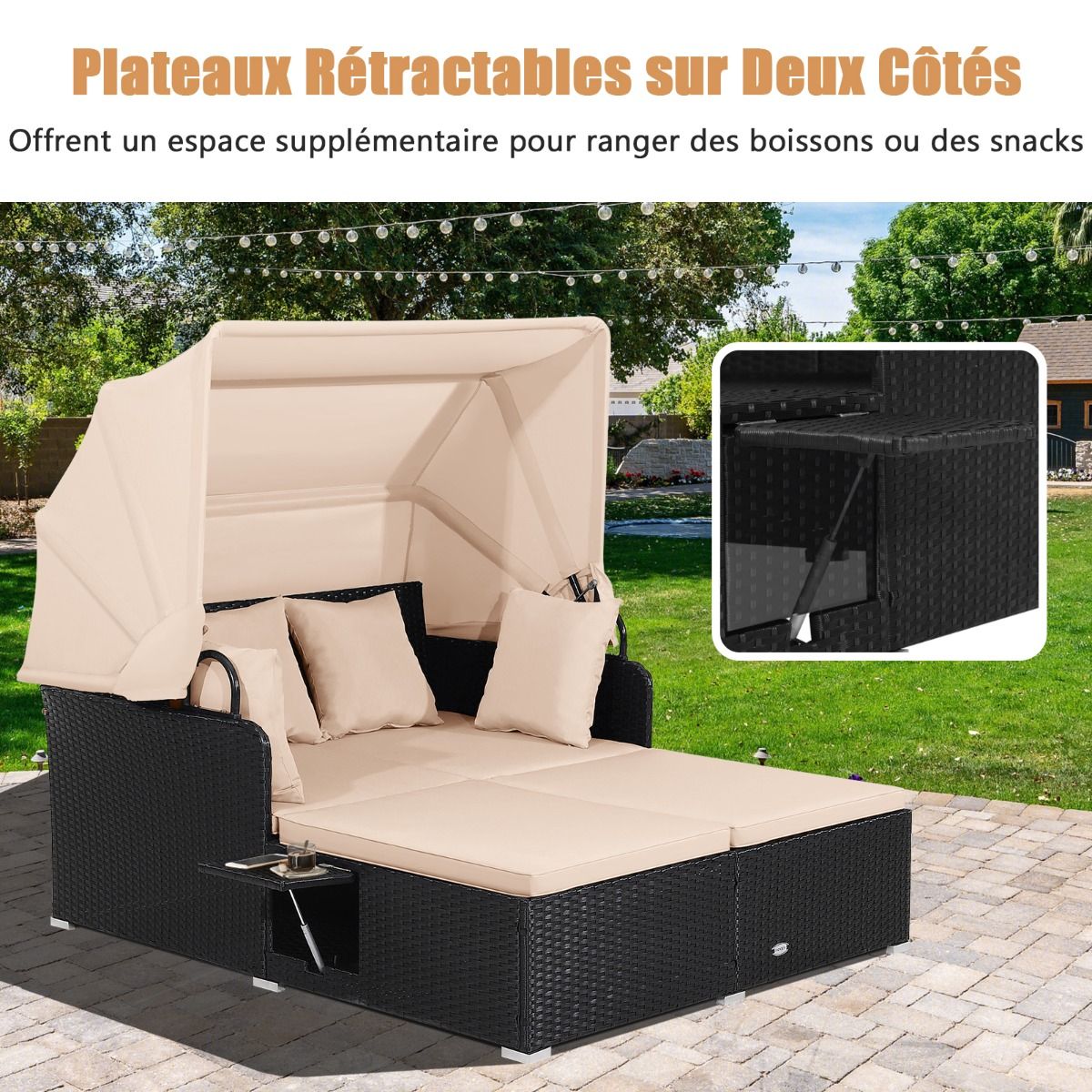 Chaise Longue à 2 Places en Rotin avec Auvent Rétractable Bain de Soleil avec Panneaux Latéraux Pliables Charge 360KG Beige/Gris - Lidl-Manfred