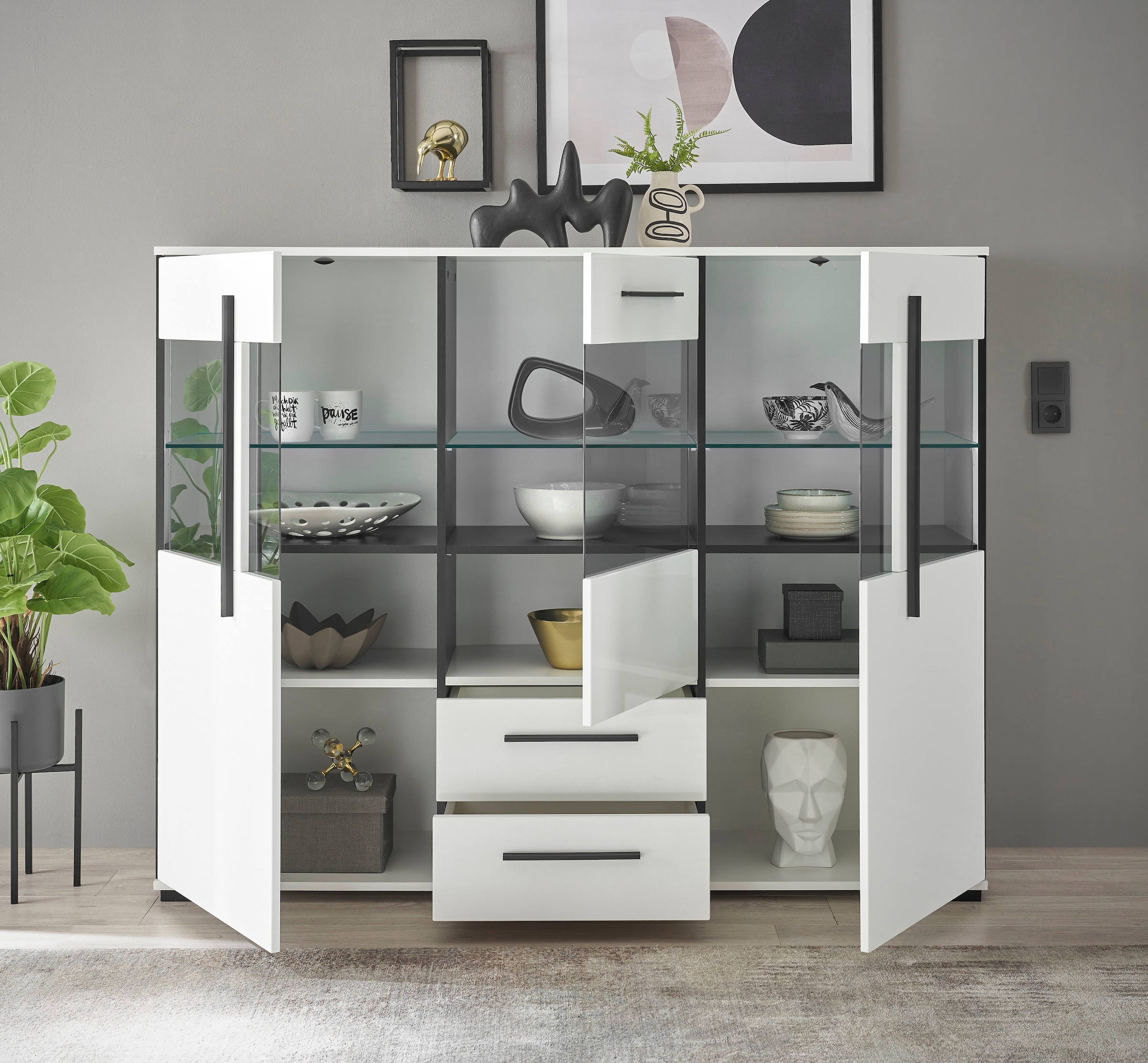 INOSIGN Highboard »Cantara, moderner Schrank, Vitrine in Eiche Dekor oder weiss« schwarze Stangengriffe, ausreichend Stauraum, vielseitig einsetzbar
