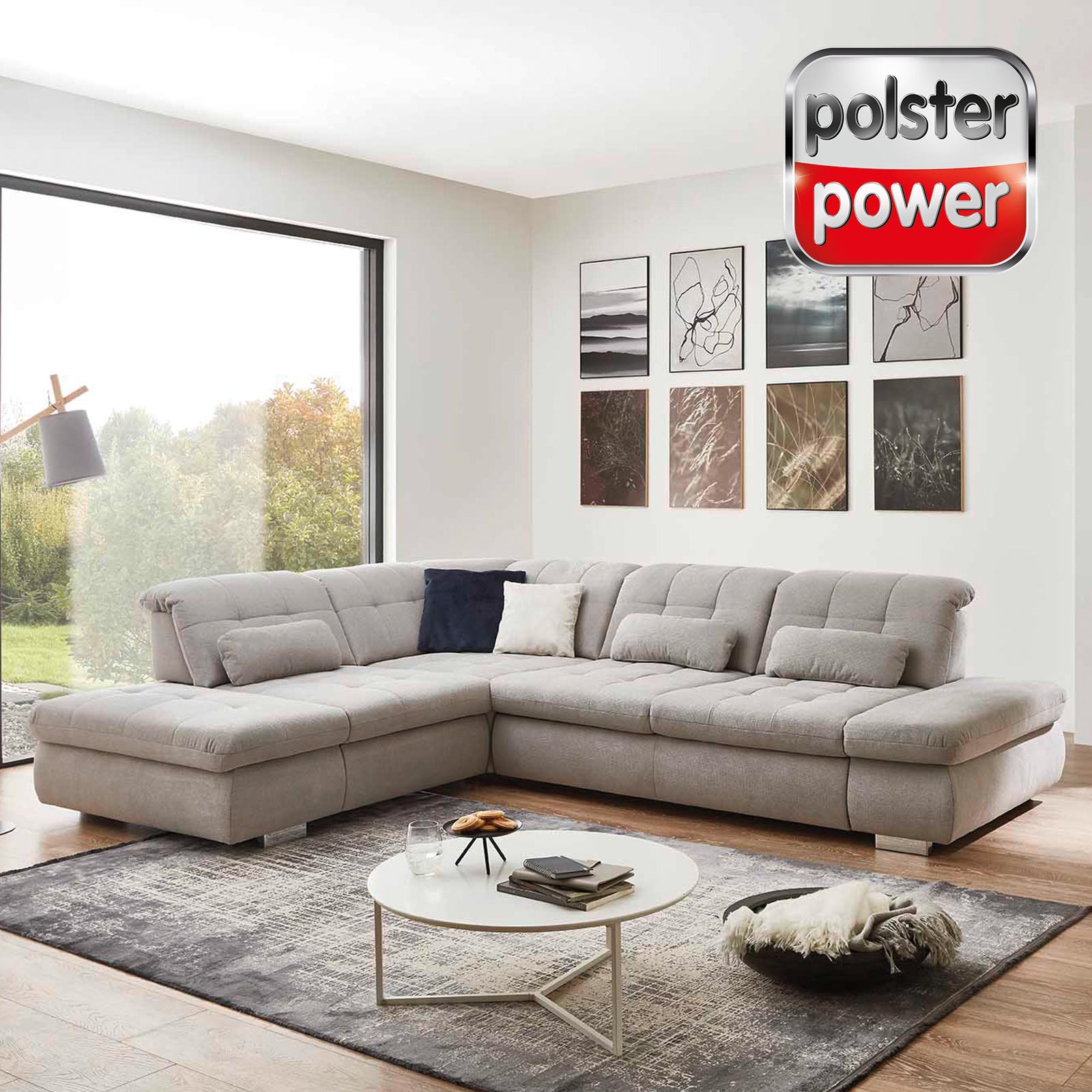 polsterpower Ecksofa - silber - Basismodell - Anstellhocker links