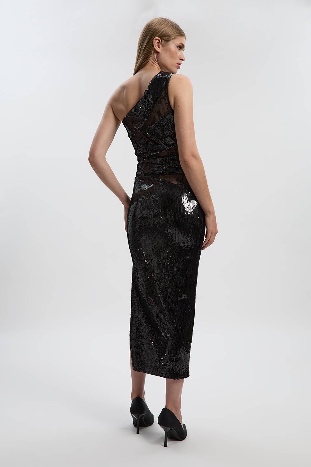 KarenMillen Robe Mi-Longue Asymétrique à Paillettes et Détails en Dentelle Petite