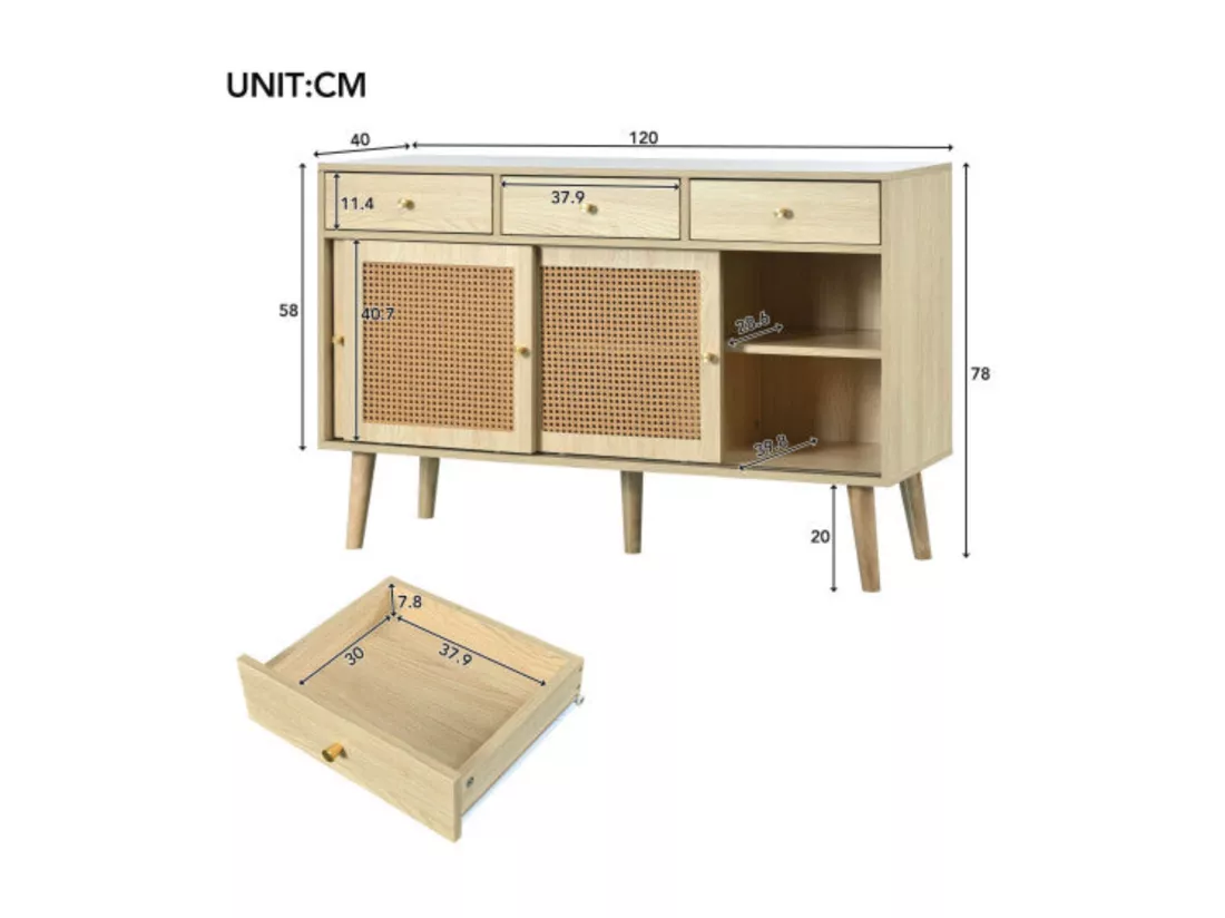 Buffet en chêne avec tiroirs et porte coulissante en rotin, coloris chêne,d120cm×h78cm