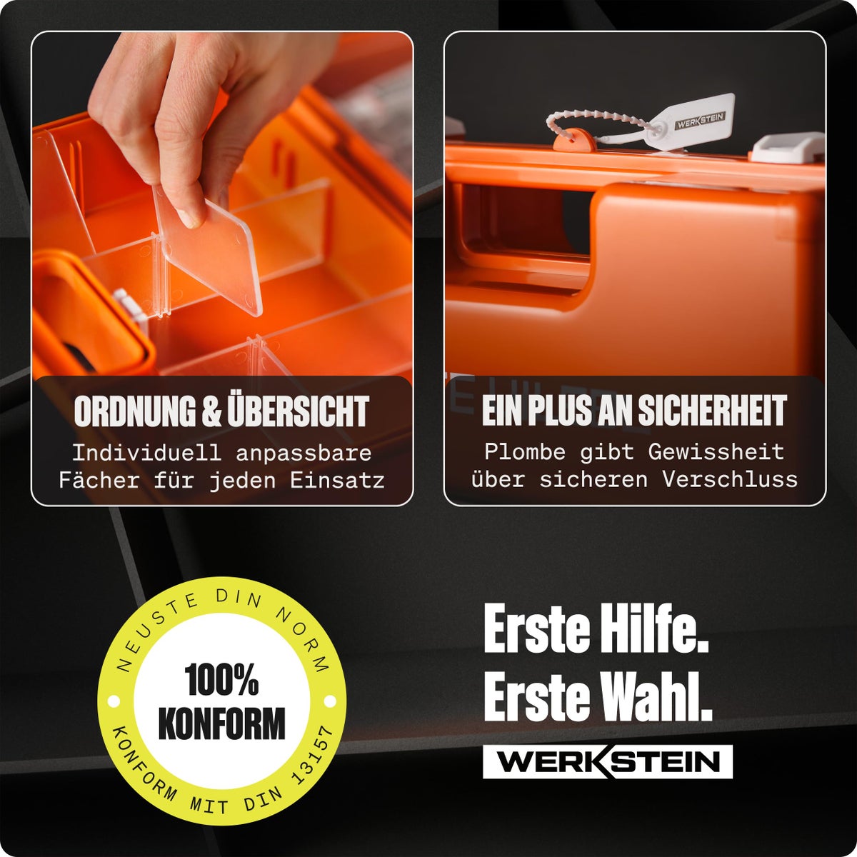 EHBO-doos met inhoud volgens de nieuwe DIN 13157:2021-norm | EHBO-koffer inclusief praktische wandhouder, 5 stickers & zegel | EHBO-doos voor bedrijven, instellingen & huishoudens
