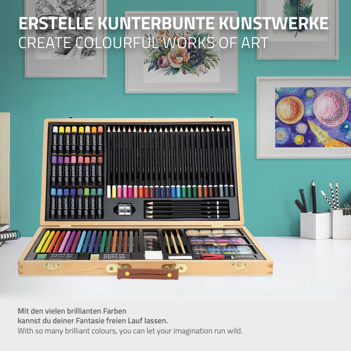 ECD Germany 109-delige schilderset met houten koffer, teken- en schilderkoffer voor kinderen, verfdoos, kunst- en tekenset, kleurpotloden, waterverf, oliepastelkrijt en veel accessoires, tekenset voor kunstenaars