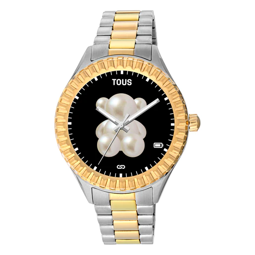 Relógio inteligente T-Bear Connect com pulseira de aço e revestimento em aço com revestimento em ouro.
