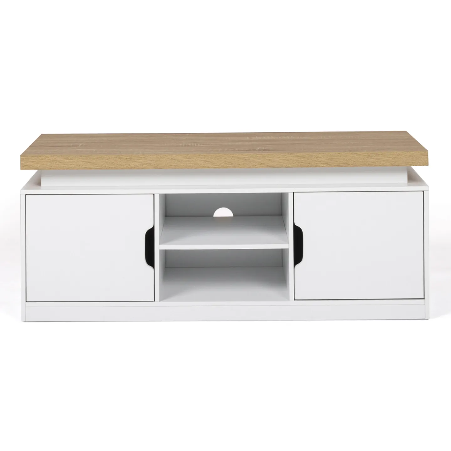 Meuble TV 110 cm 2 portes LUNA à LEDS blanc et plateau effet bois