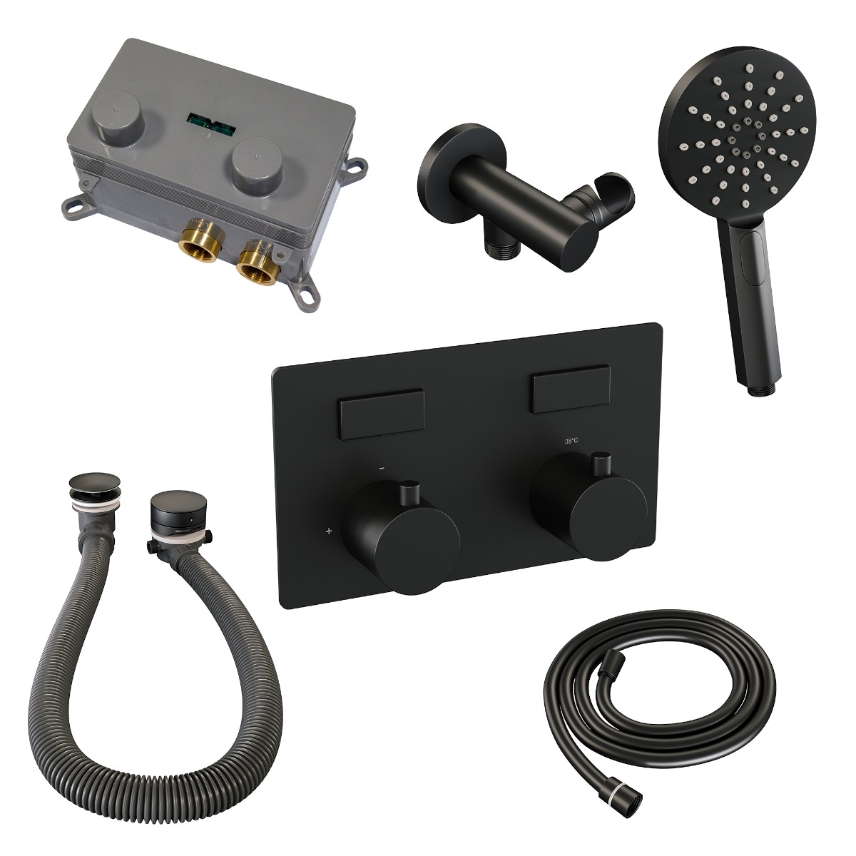Brauer Black Edition thermostatische inbouw badkraan met badvulcombinatie en 3 standen handdouche set 4 zwart mat