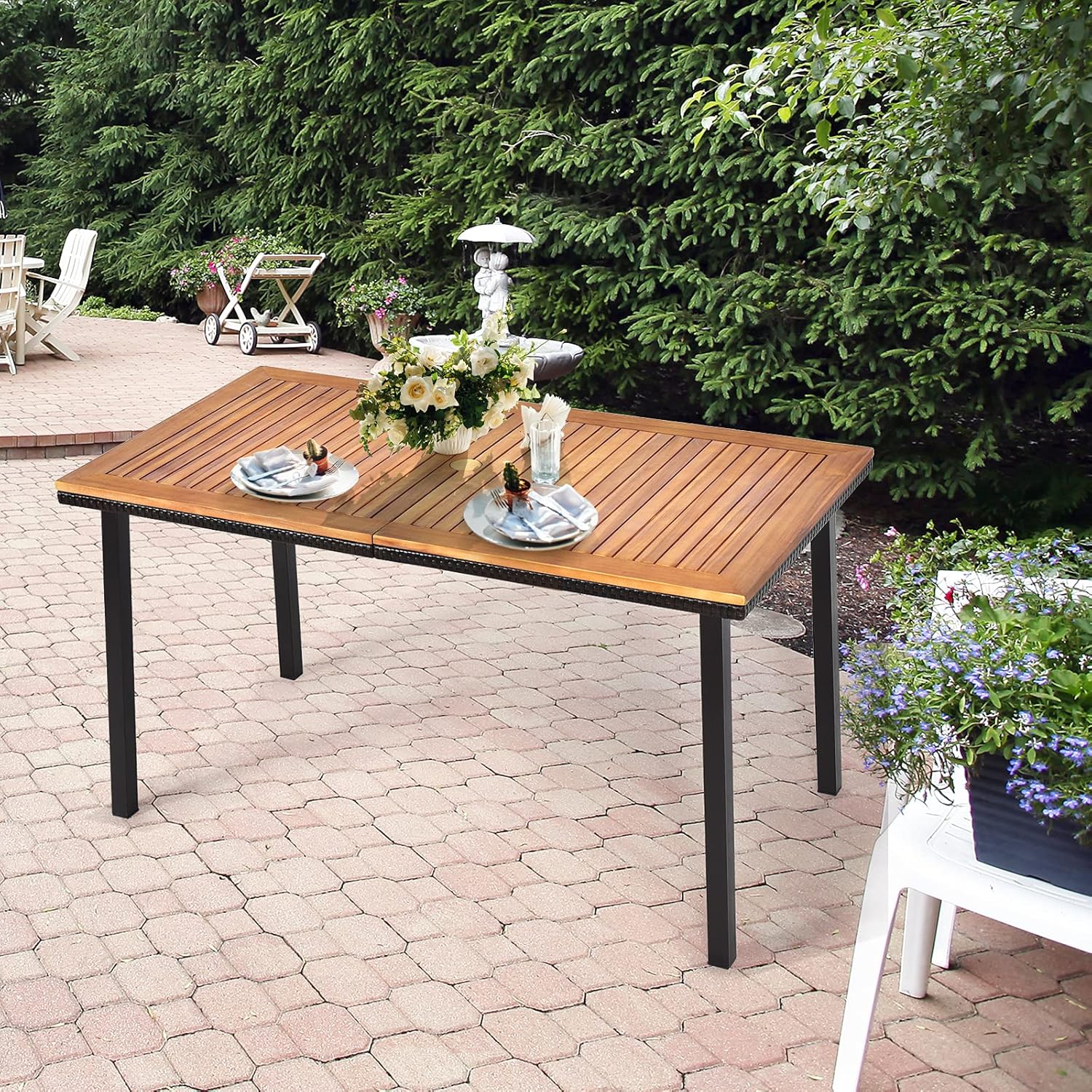 COSTWAY Gartentisch mit Schirmloch, 140x75x76cm, Esstisch für 6-8 Personen, Terrassentisch mit Tischplatte aus Akazienholz, rechteckiger Holztisch mit Metallrahmen