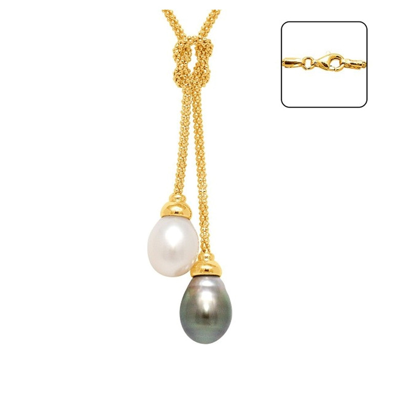 Collier et Pendentifs en Or jaune 750/1000 et Perle de Culture Blanche et Perle de Tahiti