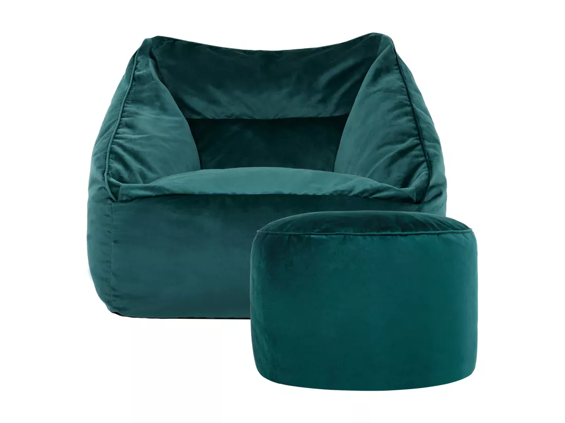 Pouf fauteuil avec repose-pied rond velours bleu canard - NATALIA