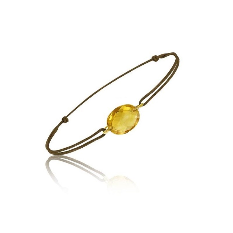 Bracelet cordon marron avec une pierre citrine ovale - Be Jewels!