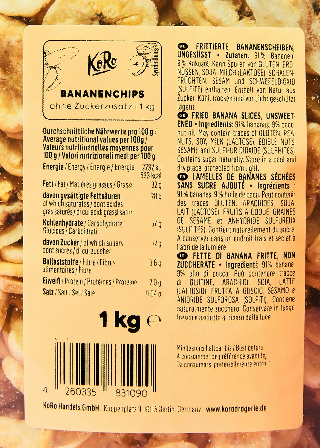 Kochbananenchips ohne Zuckerzusatz 1 kg