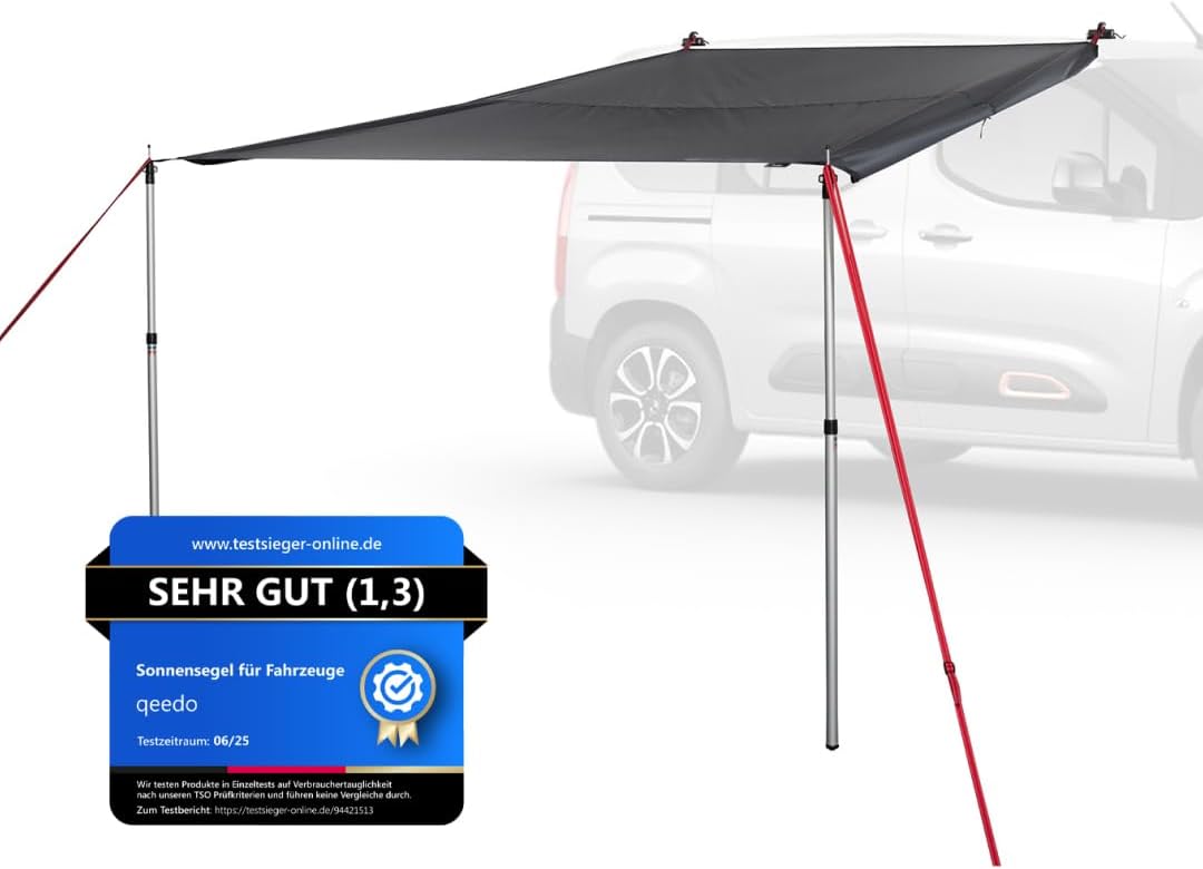 qeedo Motor Tarp Universal - für jedes Fahrzeug (3 Montage-Optionen) - UV-Schutz (UV80) Sonnensegel - inkl. Aufstellstangen, Saugnäpfe, Heringe und Abspannbänder - Für Camper, Campingbus, PKW