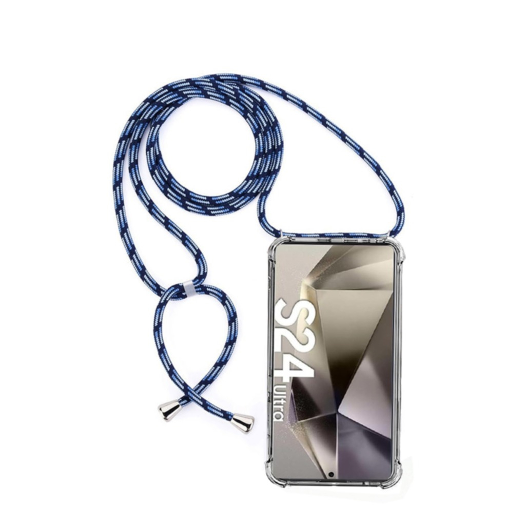 Samsung Galaxy S24 Ultra Necklace Gummi Hülle Air Cushion Fallschutz   Handykette (150cm) - Blau / Silber