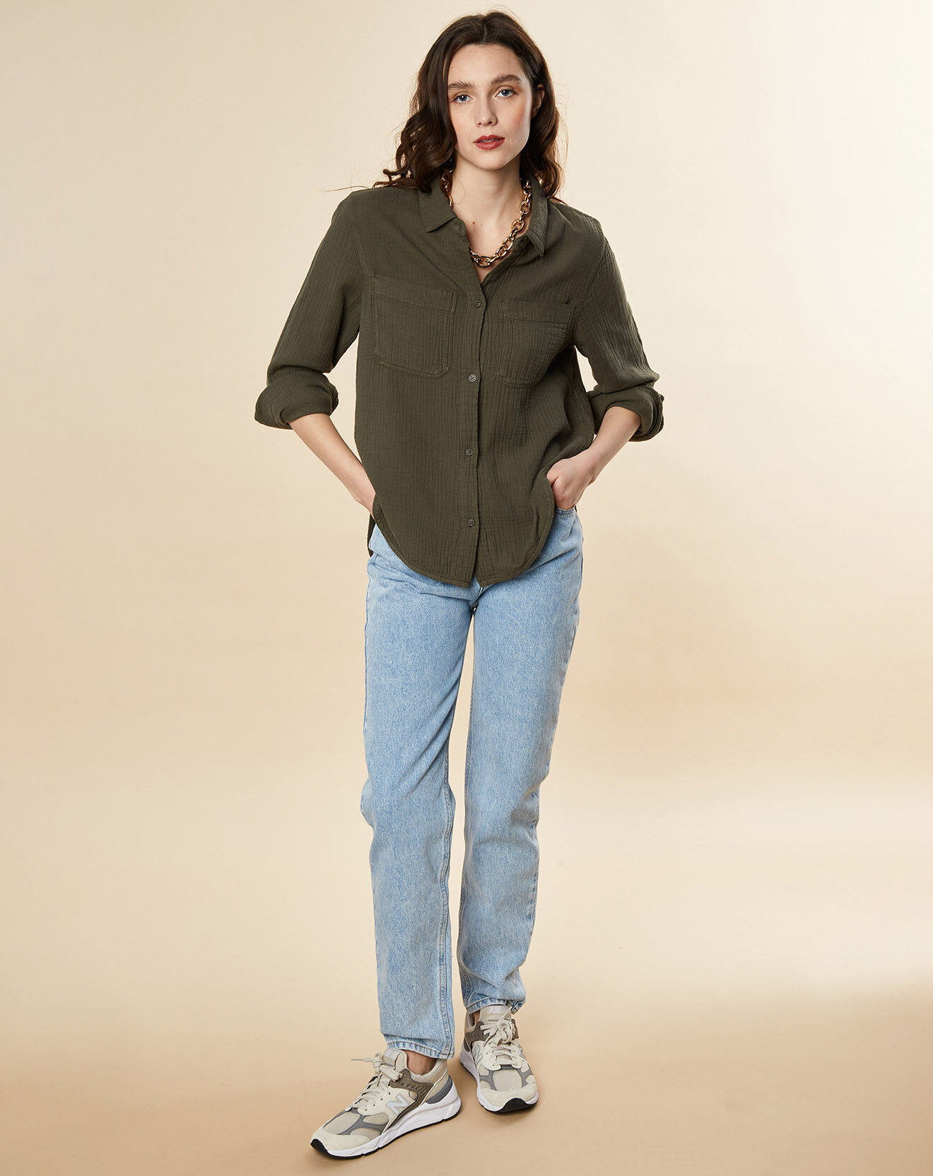 Chloé Stora Chemise en Gaze de Coton Chatou kaki