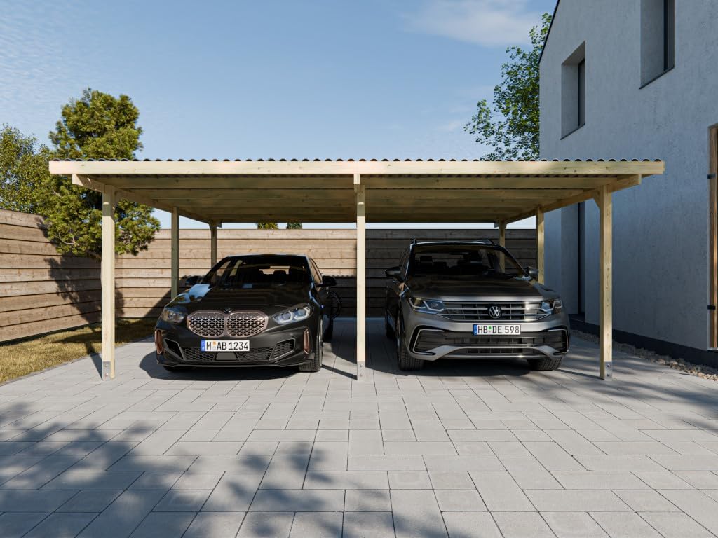 Holz Doppel-Carport | 595 x 495 cm | 210 cm hoch | Fichte Kiefer Carport | mit UV-Schutz | 9er Pfosten | inkl. Dacheindeckung