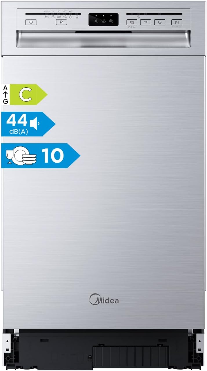 Midea MDWEU1036WSS Geschirrspüler 45cm Unterbau, 10 MGD, 44 dB, Spülmaschine 45 cm Teilintegrierbar, Home Connect, AutoOpen dry, Startverzögerung, 7 Programme, Hygienepflege+, Maschinenpflege+