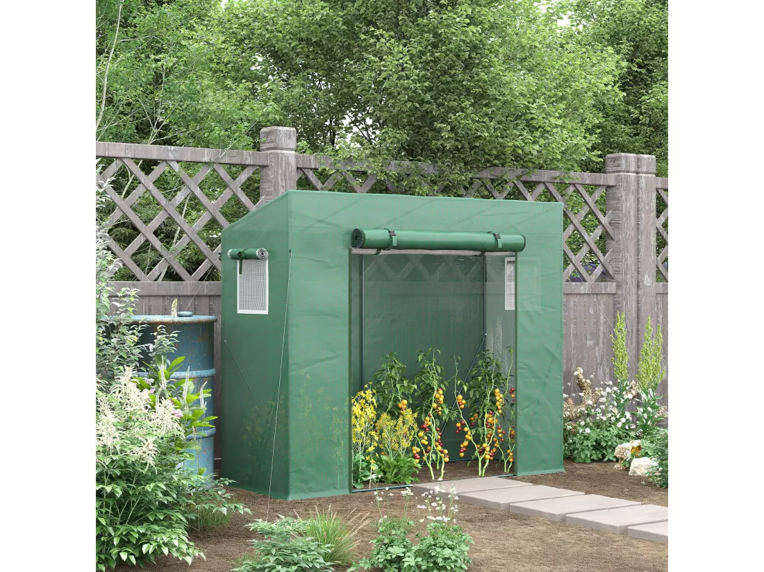 Serre de jardin balcon 1,54 m² - porte zippée enroulable, 2 fenêtres moustiquaires - acier PE haute densité anti-UV vert
