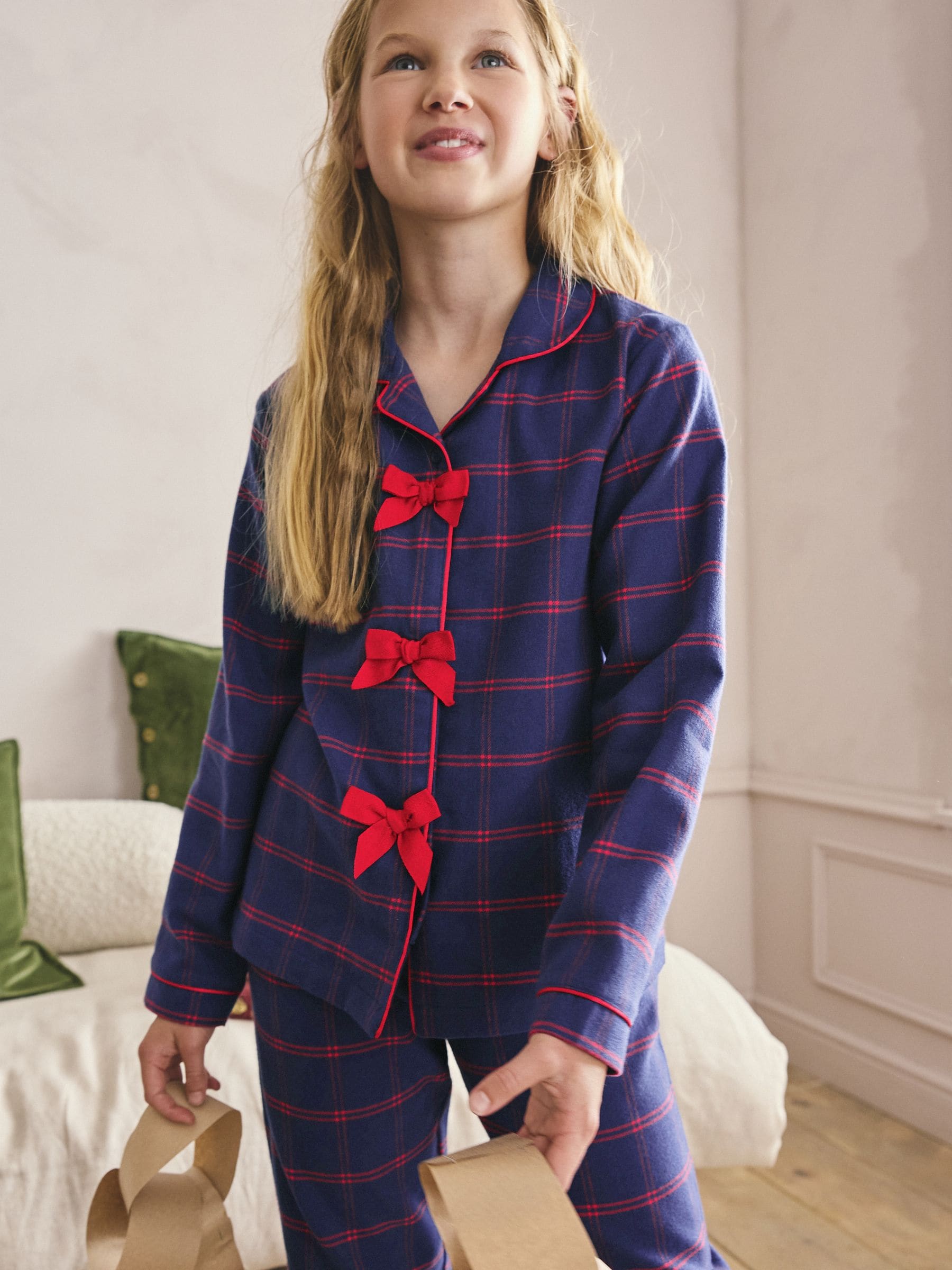 Navy/Red Bow - Geweven pyjama met knopen (4-16jr)