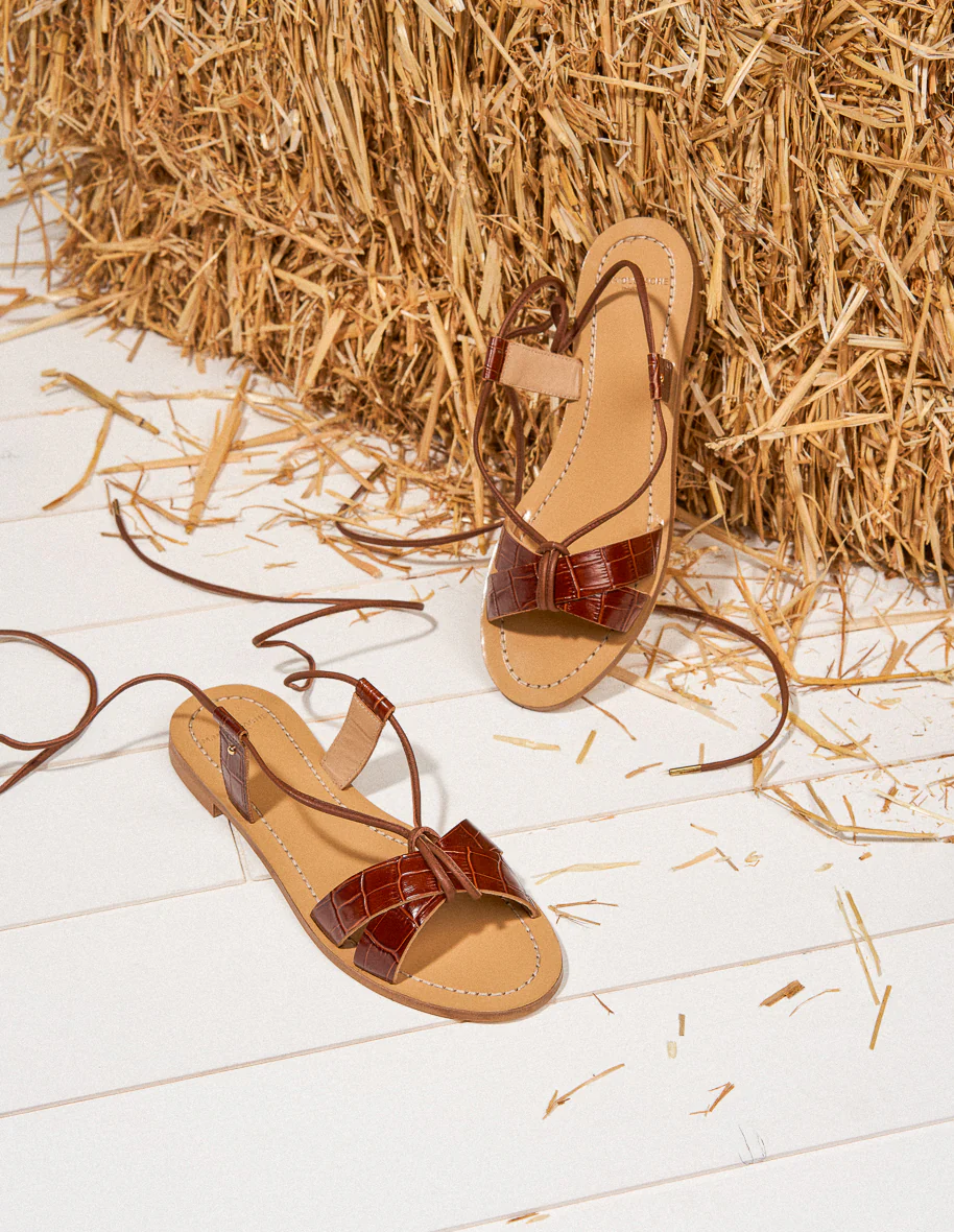 Sandales plates Zoé - Cuir croco marron