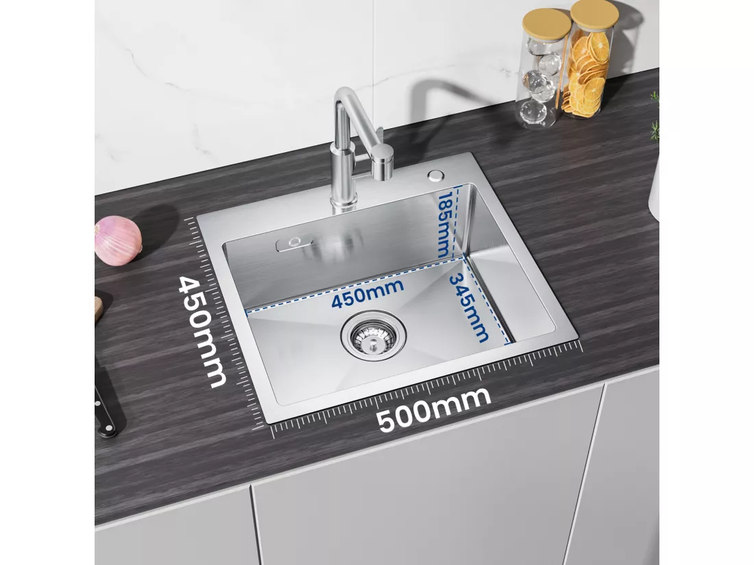 Cecipa max 2 en 1 Evier de cuisine 1 Bac Évier de Cuisine Carré Inoxydable Brossé 50*45*18.5cm + Robinet de Cuisine Noir Avec Douchette Extractible