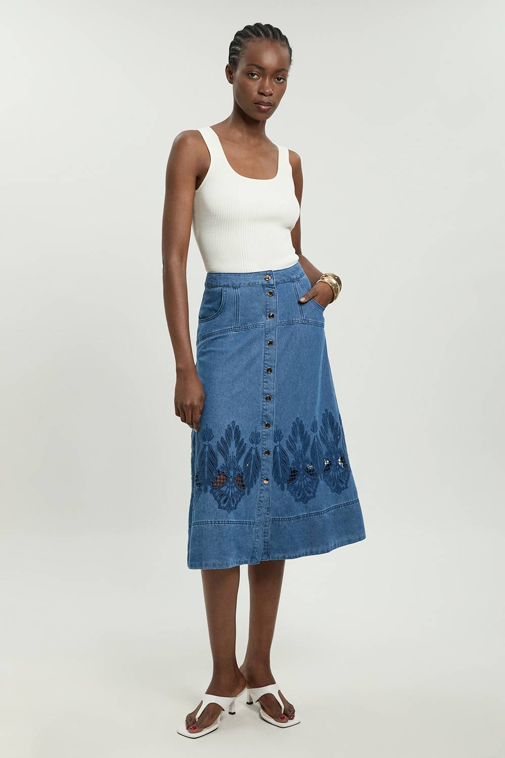 KarenMillen Jupe Midi Évasée En Denim Avec Découpes