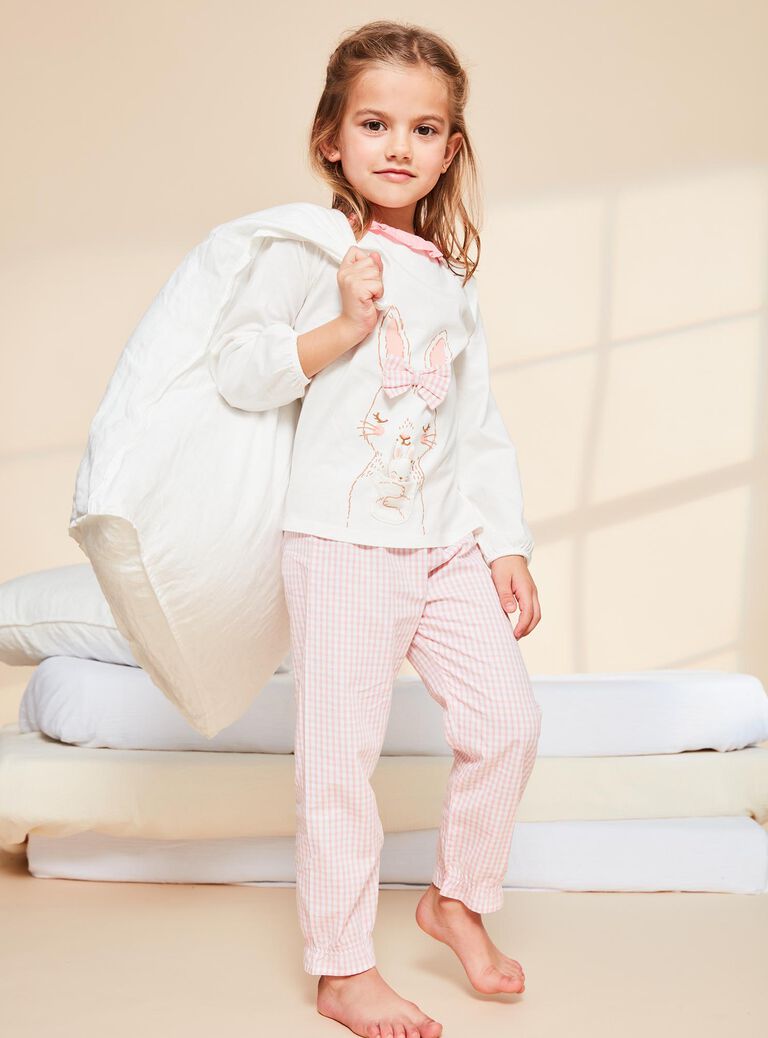 Ensemble pyjama écru à lapin et à carreaux