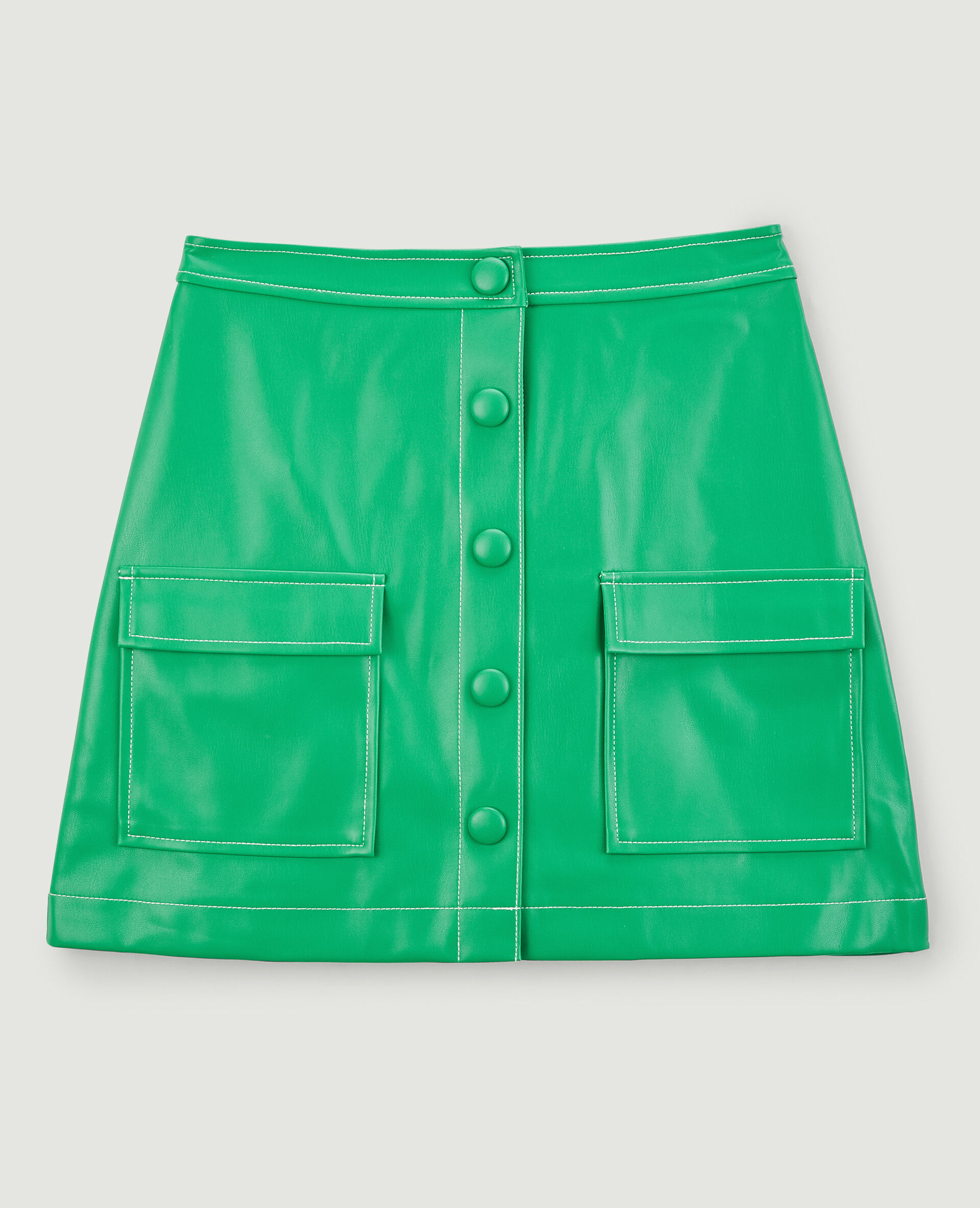 Jupe courte boutonnée en simili cuir - Vert