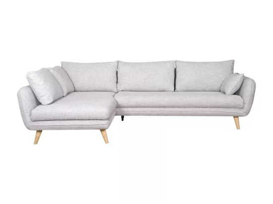 Canapé d'angle gauche scandinave 5 places en tissu gris clair chiné et bois clair CREEP