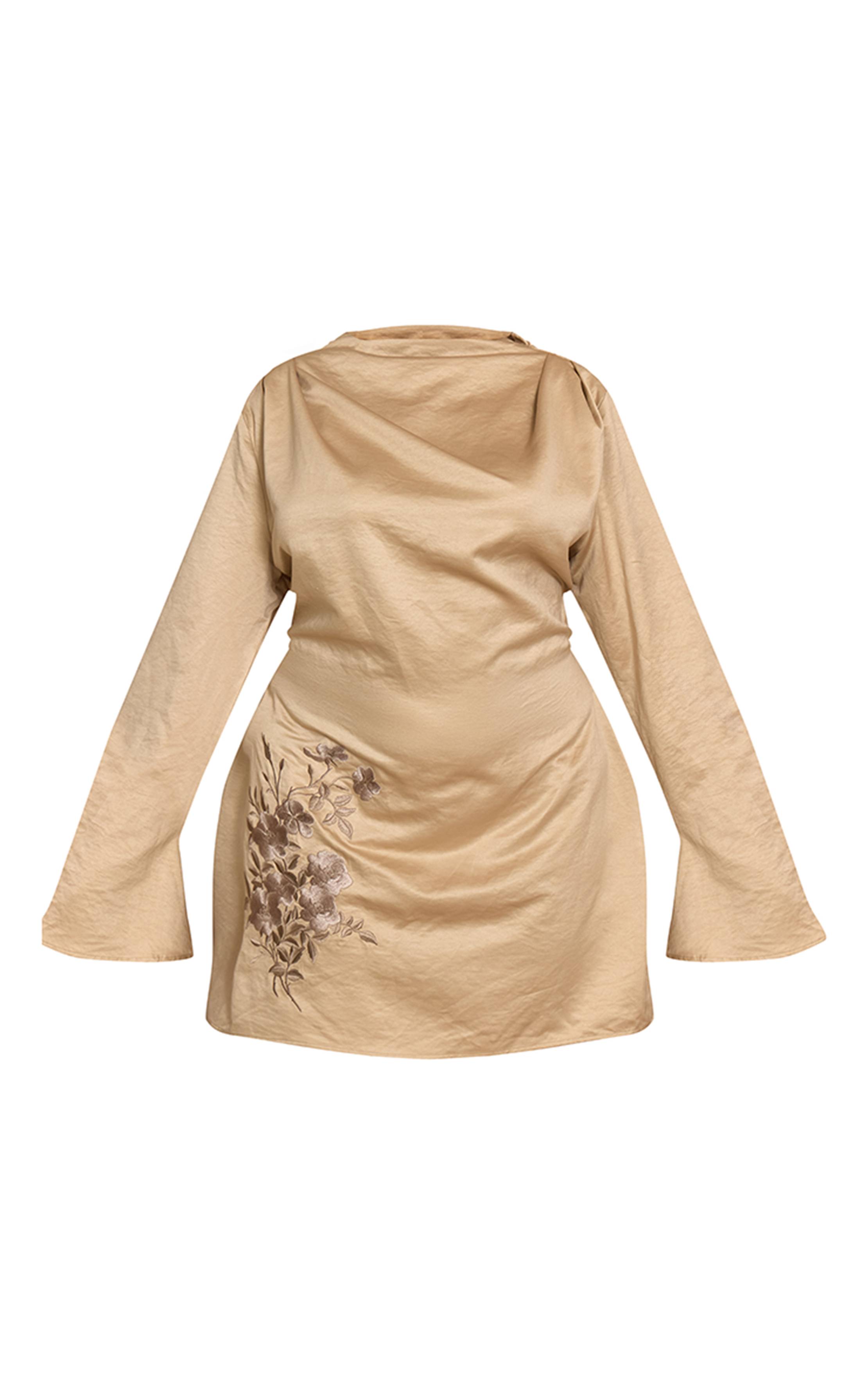 Gris Pierre Plt Label Plus Robe Moulante Satinée Brodée À Dos Drapé