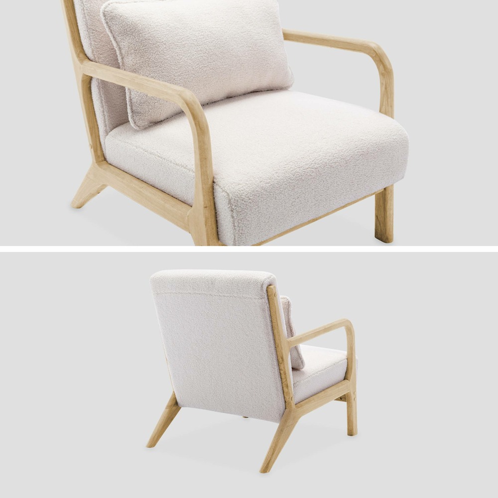 Fauteuil à bouclettes blanches. Bois et tissu. 1 place droit fixe. Pieds compas scandinave. Structure en bois solide. Assise