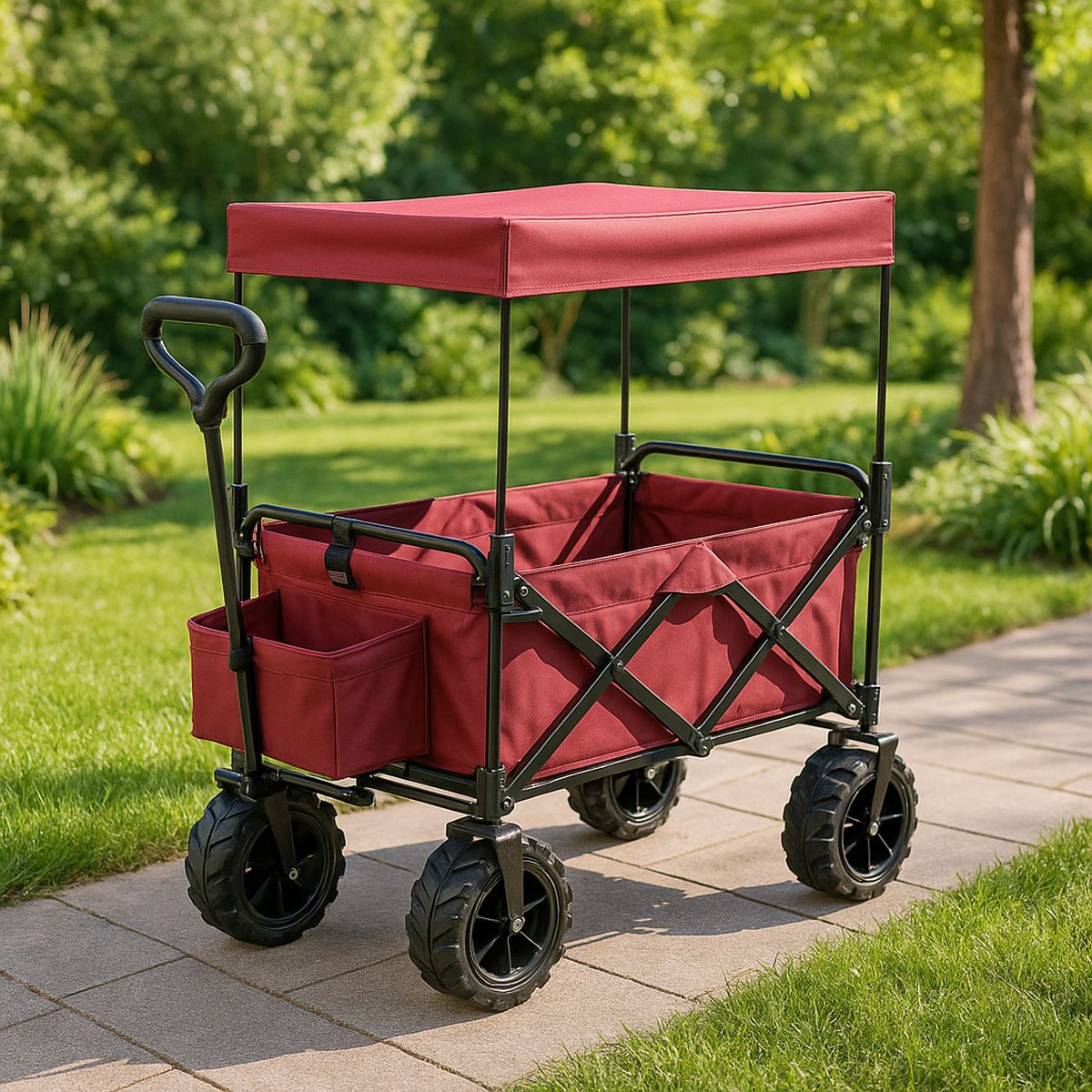 Faltbarer Bollerwagen mit Dach aus Polyester Stahlrahmen Rot