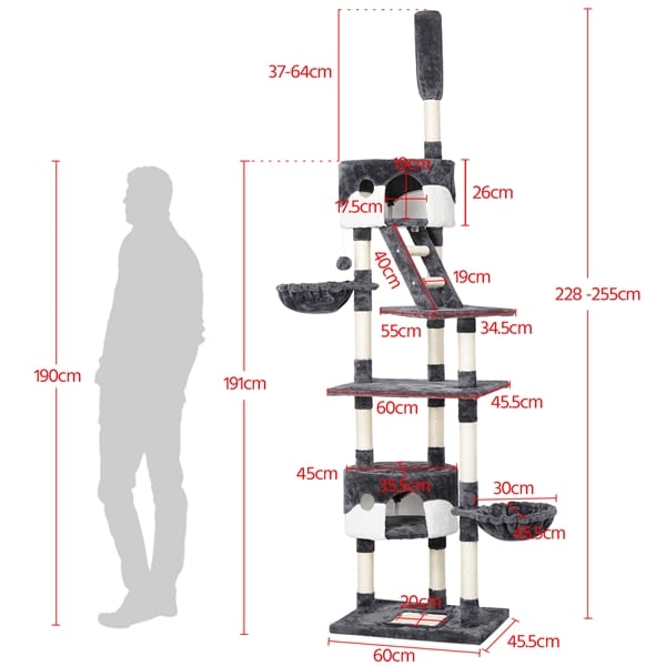 Yaheetech Katzenbaum Katzenkratzbaum Kletterbaum Höhenverstellbar Spielbaum für Katzen, 227,5-254,5 cm