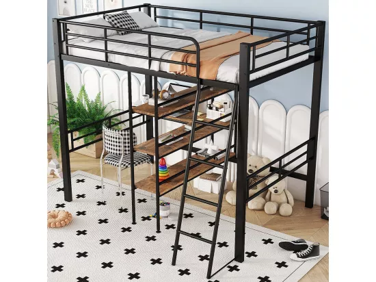 Lit en mezzanine 90*200 cm, sans matelas, lit avec bureau, plusieurs étagères, rails, échelle, Noir