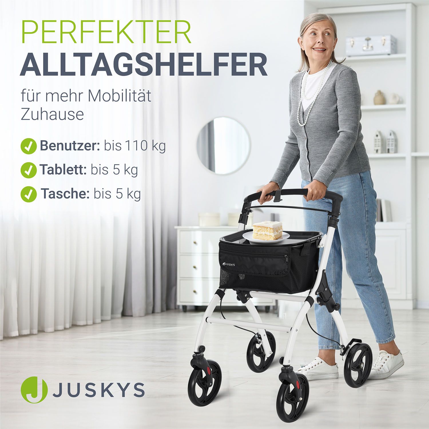 Juskys Aluminium Wohnungsrollator Aktiv - Tasche & Tablett - Rollator schmal & faltbar - Weiß