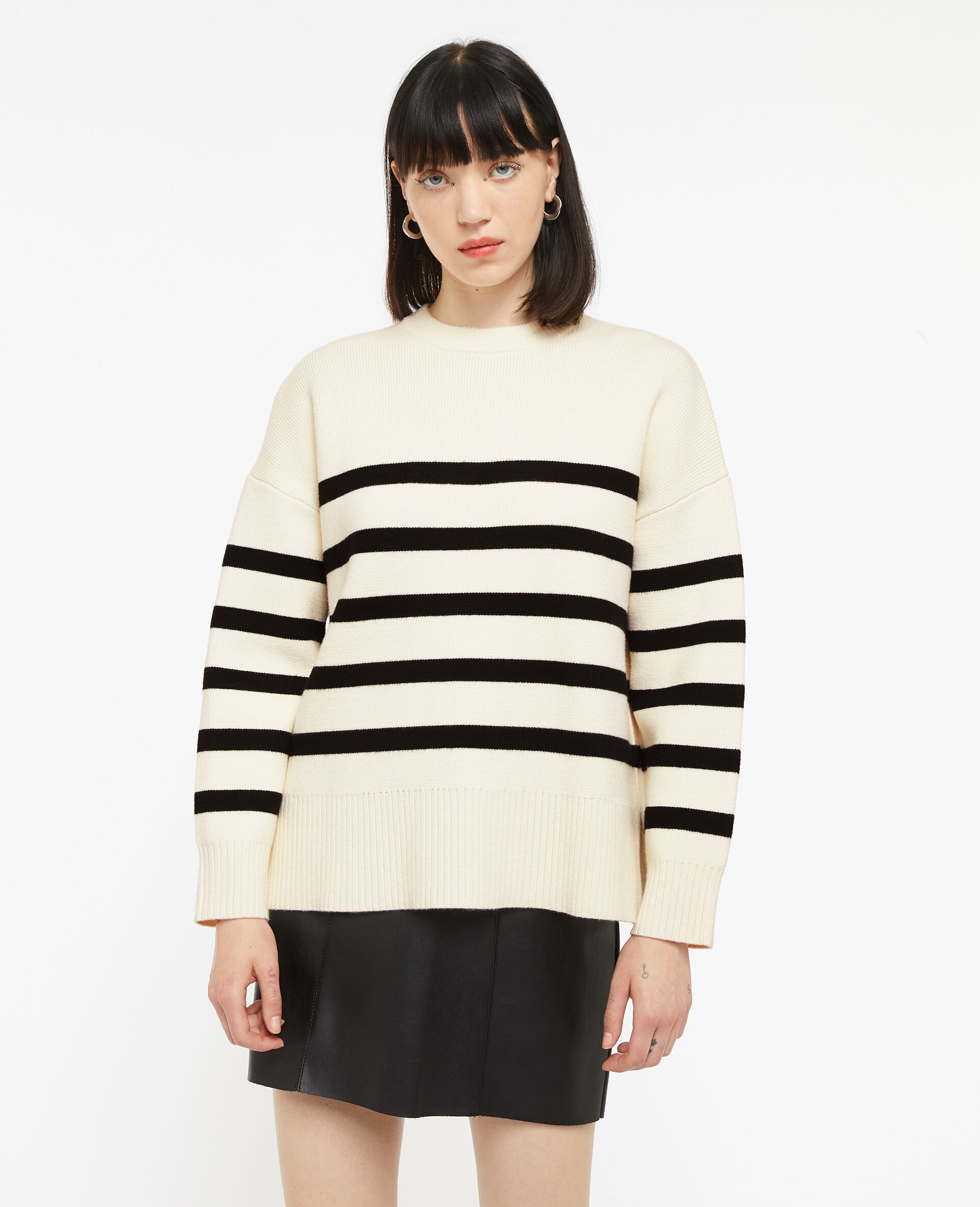 Pull rayé en maille épaisse - Blanc