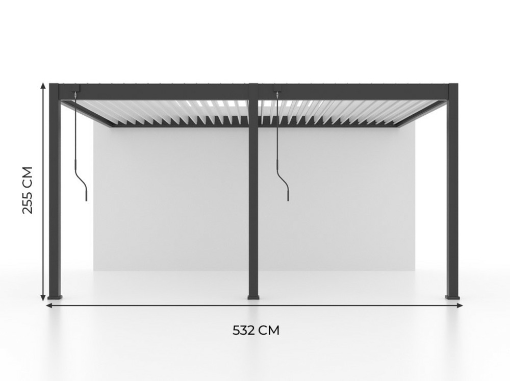 Pergola bioclimatique 3,6 x 5,3m - halo 19m² adossee - gris - aluminium - lames en acier galvanisé - lames orientables de 0 à 120°
