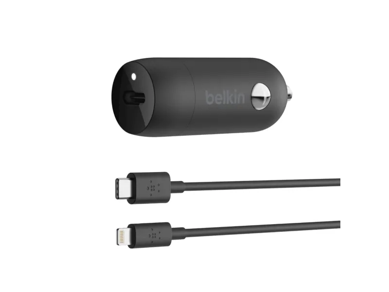 Belkin BoostCharge Car Charger - Bilstrømsadapter - 18 Watt - 3.6 A (24 pin USB-C) - på kabel: Lightning - sort