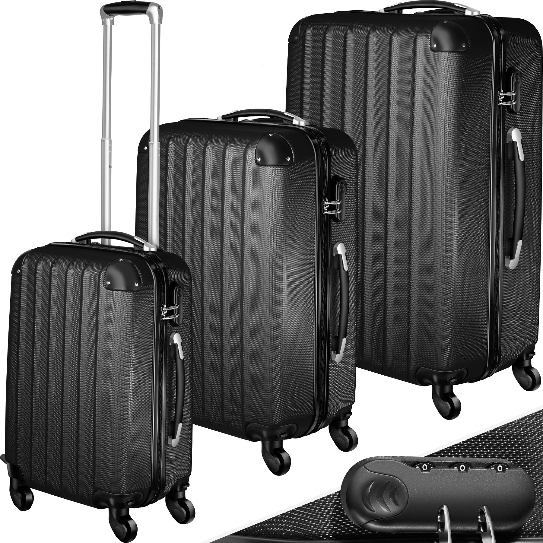 tectake® Hartschalenkoffer-Set, 3-teilig, aus robustem ABS-Kunststoff, 360° drehbare, abnehmbare Rollen, mit Sicherheits-Zahlenschloss