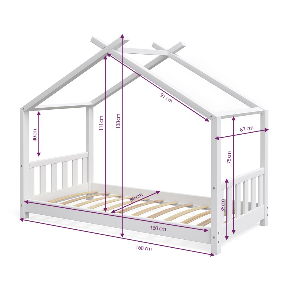 VitaliSpa Kinderbett Design Hausbett Kinderbett Kinder Holz Haus Zaun 80x160cm Weiß