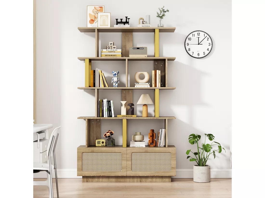Bibliothèque avec 2 portes en rotin et étagères ouvertes - 105 x 31,7 x 160 cm - Panneaux de particules et métal - Chêne