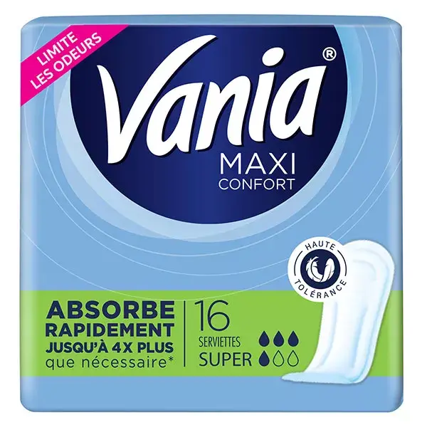 Absorventes menstruais Vania Maxi sem perfume, pacote com 16 unidades.