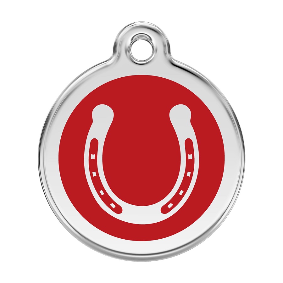 Placa de identificação para cães em aço inoxidável esmaltado com formato de ferradura vermelha