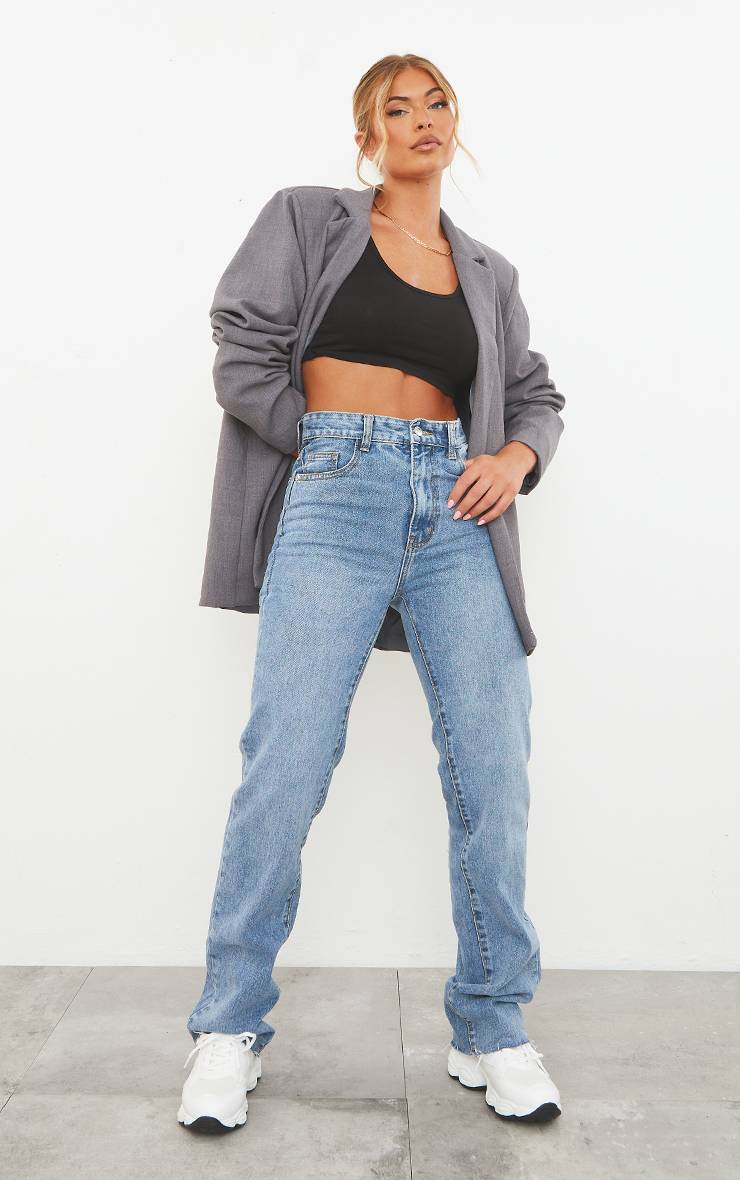 Mid Blue Wash Jean Jambe Droite Longue Ourlet Brut